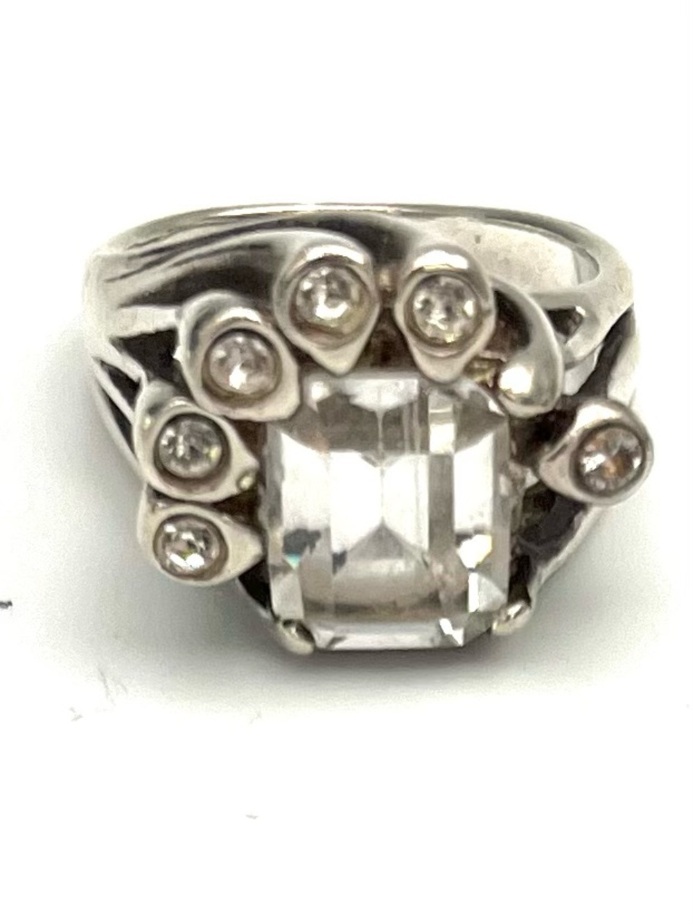 Eisenberg Vintage Sterling Silver Clear Emerald-Cut Cluster Cocktail Ring White